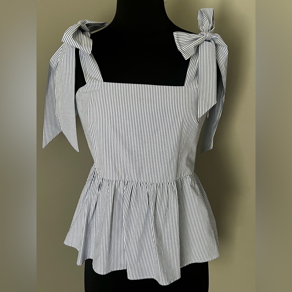 H&M Blue/White Striped Tie-Shoulder Peplum Top Sz 8